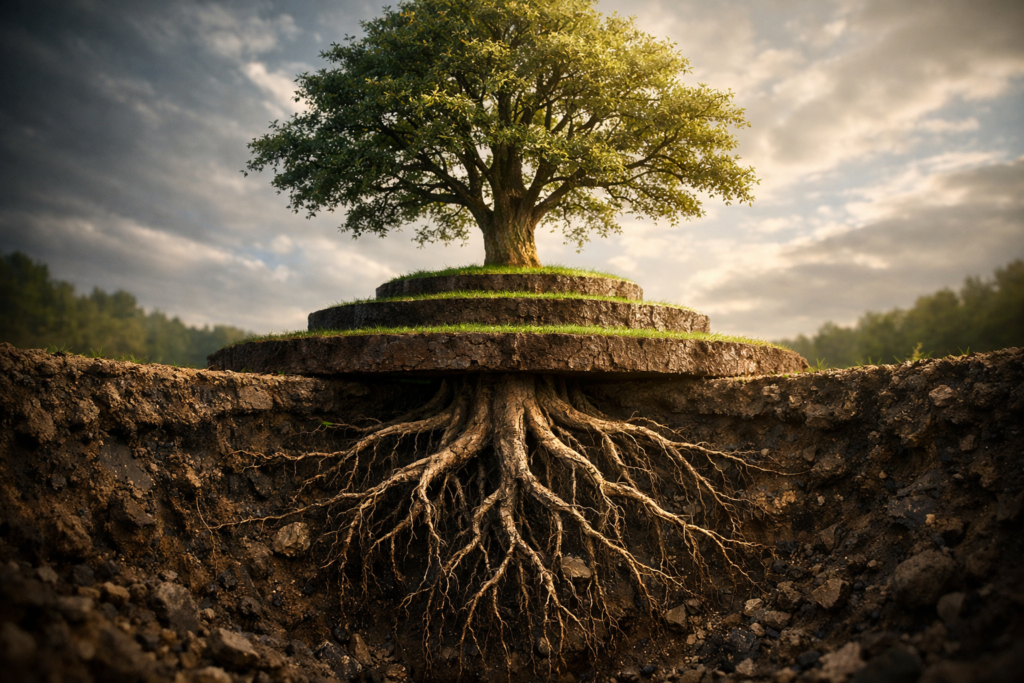 A large tree growing upward through progressively wider rings, roots deepening into soil while branches reach into open sky