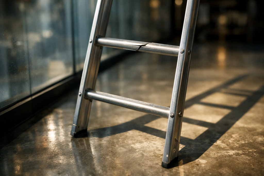 A ladder with a cracked rung leaning against a glass wall, casting a shadow on a concrete floor.