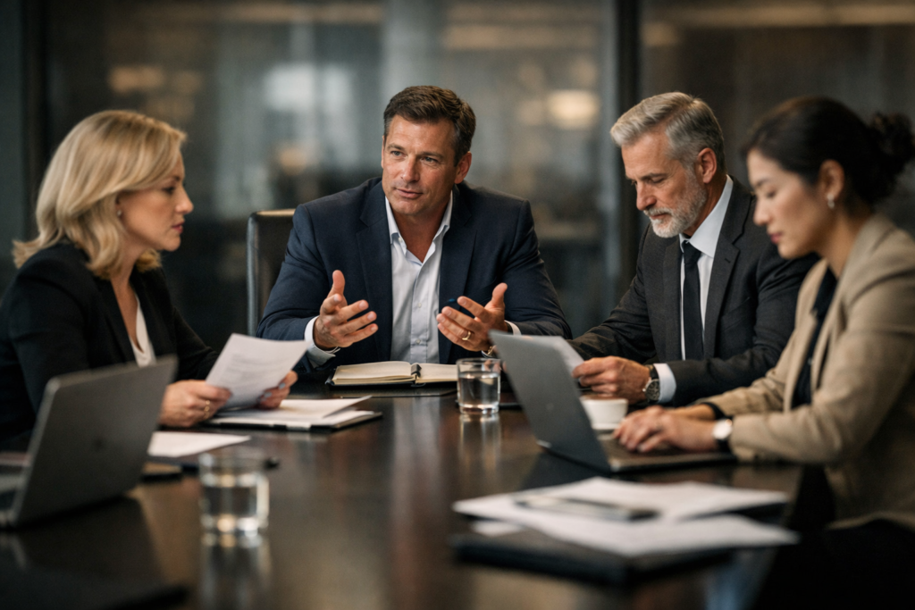 Four executives at a conference table each focused on separate tasks, with one leader trying to engage the group.