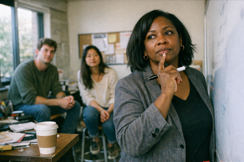 A woman stands at a whiteboard mid-thought, marker in hand, while two colleagues listen in a small open-plan office.