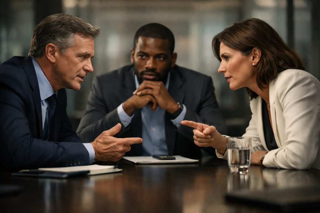 Three business professionals at a conference table engaged in a calm but direct disagreement during a team meeting.