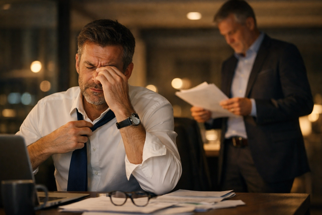 Tired male executive at his desk late at night with a colleague reviewing documents nearby.